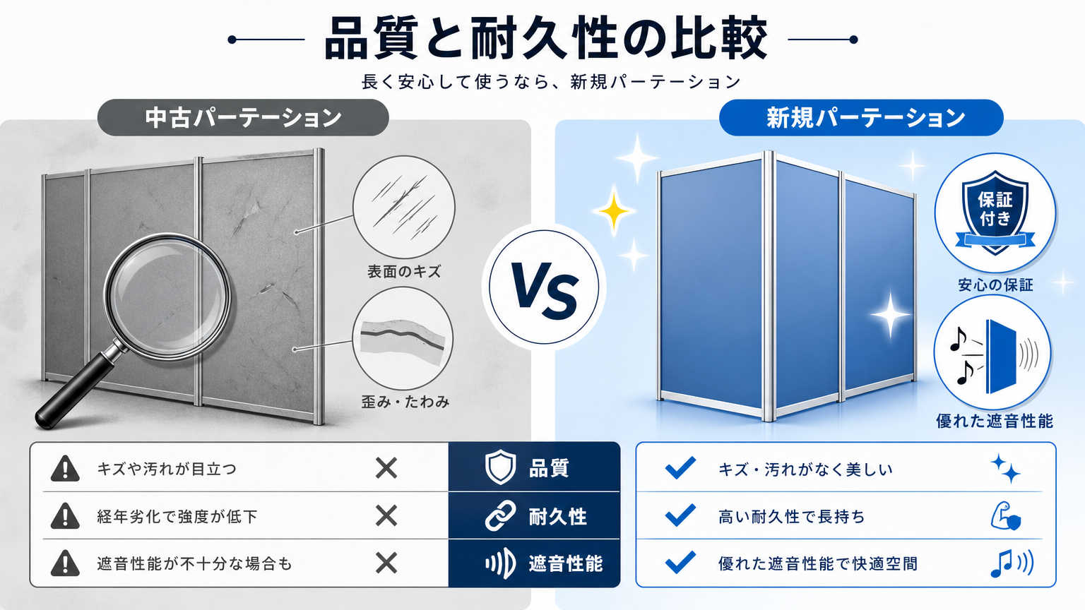 パーテーション中古と新規の品質・耐久性比較